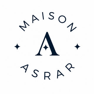 maison asrar brand logo in black and white, displaying a minimalist fine-line circular icon on a solid white background.