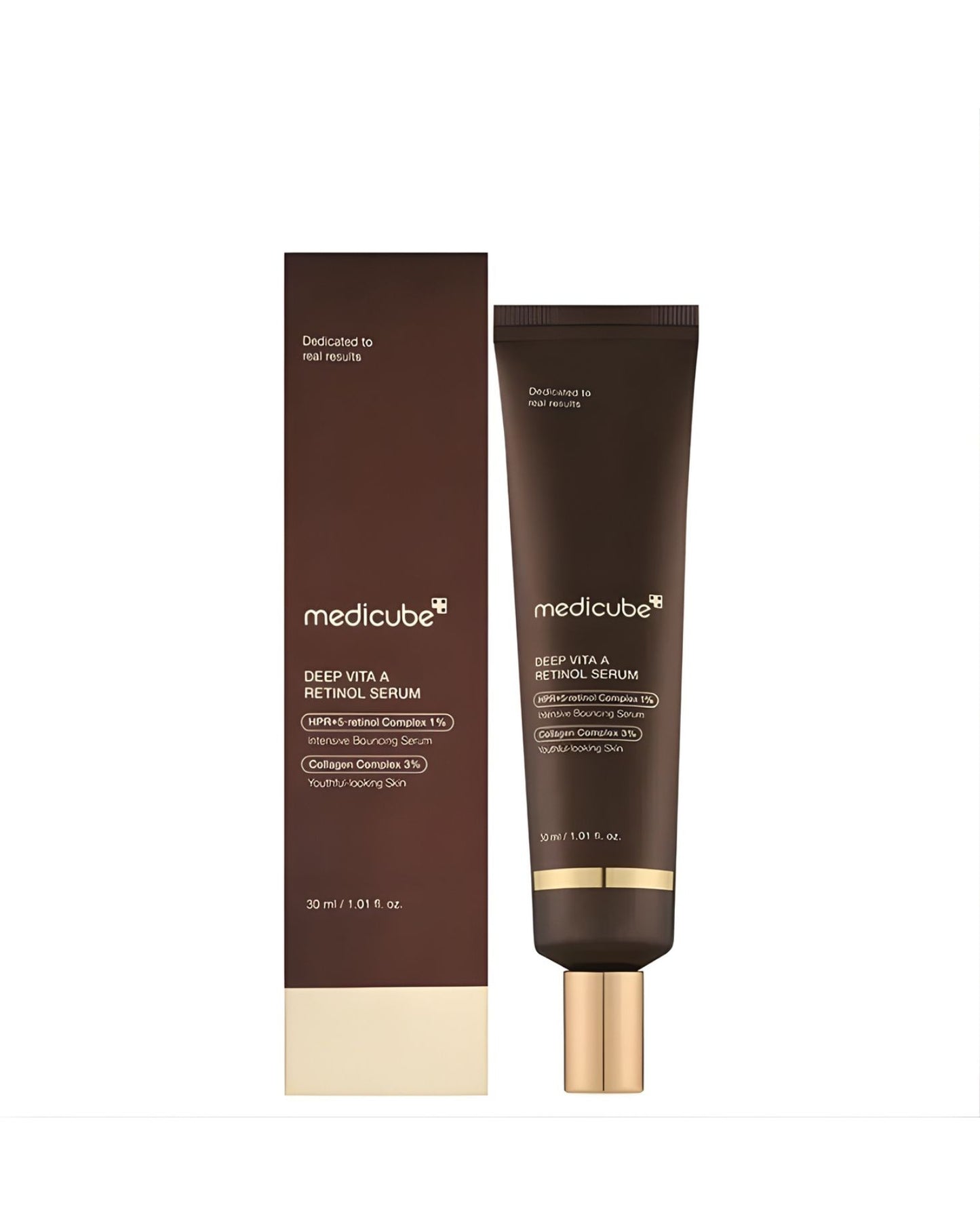 A product image showing both the brown box packaging and the matching tube of the Medicube Deep Vita A Retinol Serum. The tube and box are labeled with "DEEP VITA A RETINOL SERUM," an "Intensive Bouncing Serum," and key ingredients like "HPR + 5-retinol Complex 1%" and "Collagen Complex 3%." The size is "30 ml / 1.01 fl. oz.
