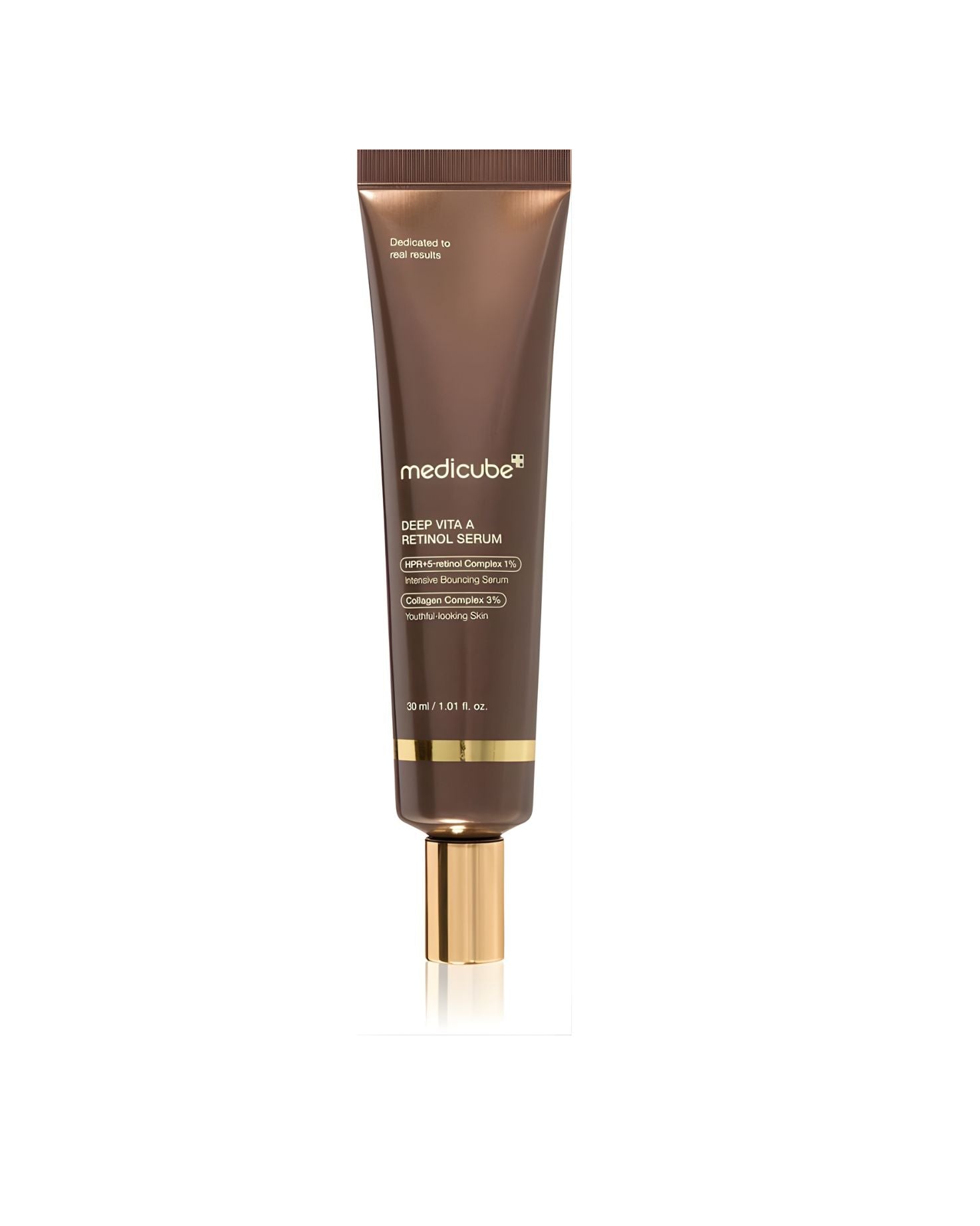 A product image of the Medicube Deep Vita A Retinol Serum in a brown tube with a gold cap. The label text is visible, indicating it is a "DEEP VITA A RETINOL SERUM," an "Intensive Bouncing Serum," and contains "BPRX Retino-Complex 0.1%" and "Collagen Complex 3%." The product size is listed as "30 ml / 1.01 fl. oz.