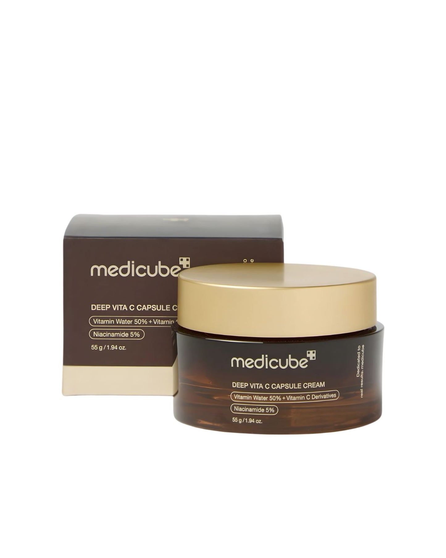 A product shot of the Medicube Deep Vita C Capsule Cream, showing the brown jar with a gold lid next to its packaging box. The label indicates Vitamin Water 50% + Vitamin C Derivatives and Niacinamide 5%.