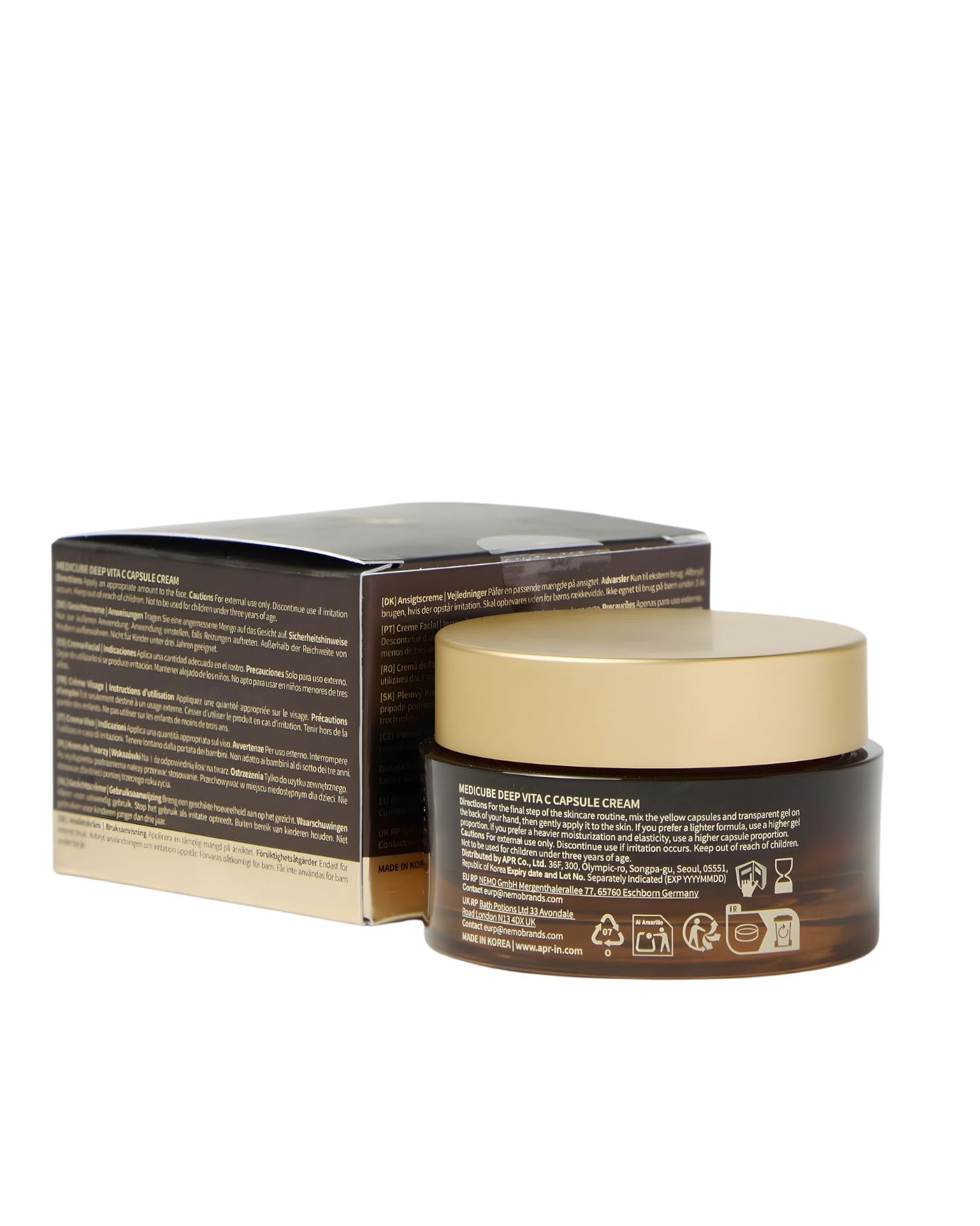 Rear shot of the Medicube Deep Vita C Cream showing the full list of precautions, directions for use, the Made in Korea label, and the distributor information.