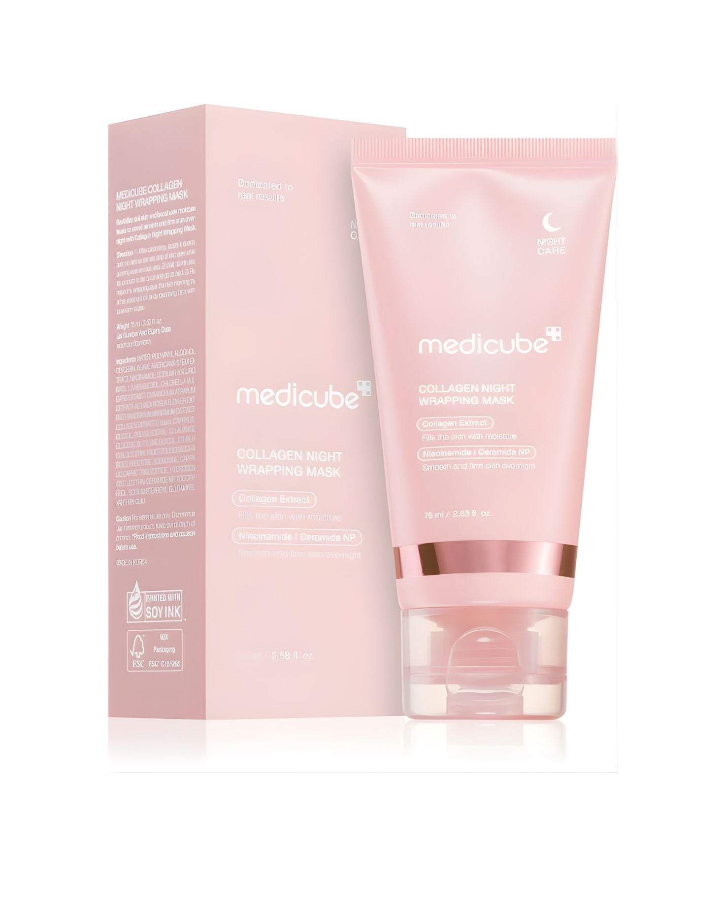 The Medicube Collagen Night Wrapping Mask tube and its matching pink box, shown at an angle. The box lists the ingredients, including Collagen Extract, Niacinamide, and Ceramide NP, and mentions the product is 'Designed to real results' and 'Enriched with Soyink'.