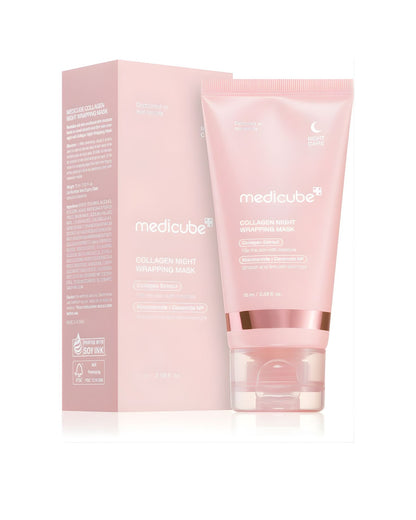 The Medicube Collagen Night Wrapping Mask tube and its matching pink box, shown at an angle. The box lists the ingredients, including Collagen Extract, Niacinamide, and Ceramide NP, and mentions the product is 'Designed to real results' and 'Enriched with Soyink'.