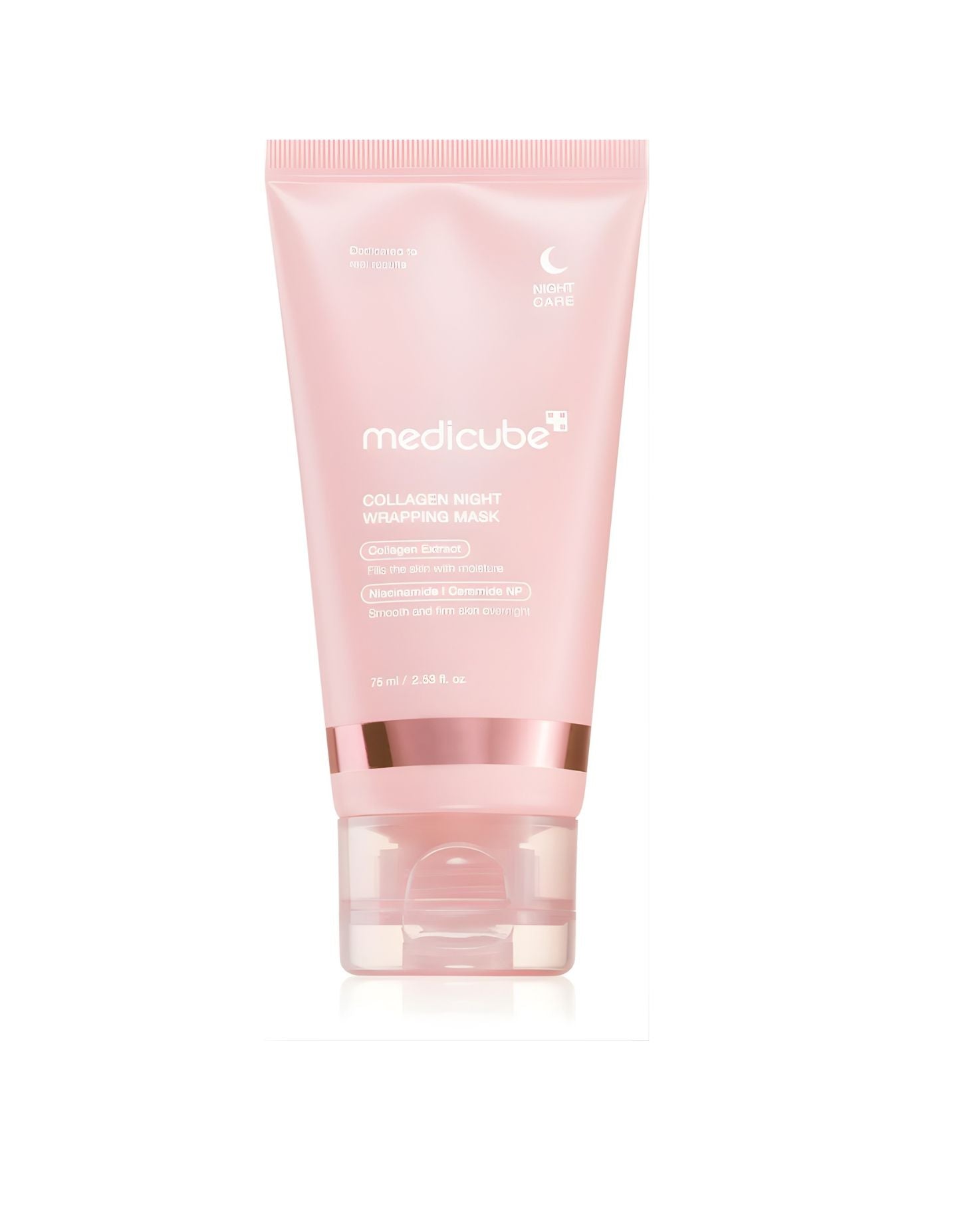A pink tube of Medicube Collagen Night Wrapping Mask for night care. The label highlights key ingredients: Collagen Extract to fill the skin with moisture and Niacinamide + Ceramide NP to smooth and strengthen the skin.