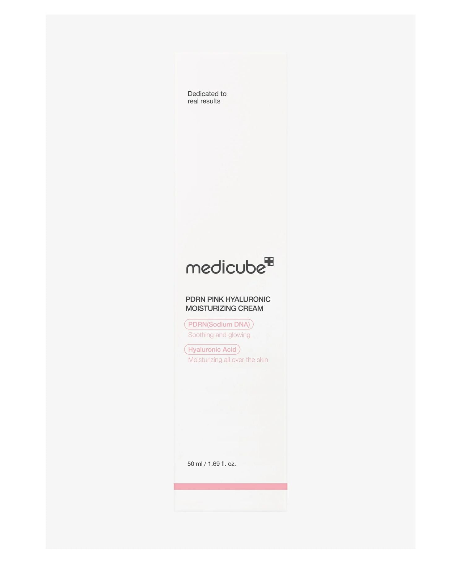 Image of the Medicube PDRN Pink Hyaluronic Moisturizing Cream tube next to a list of its key features: PDRN (Sodium DNA) for soothing and glowing, and Hyaluronic Acid for moisturizing all over the skin.