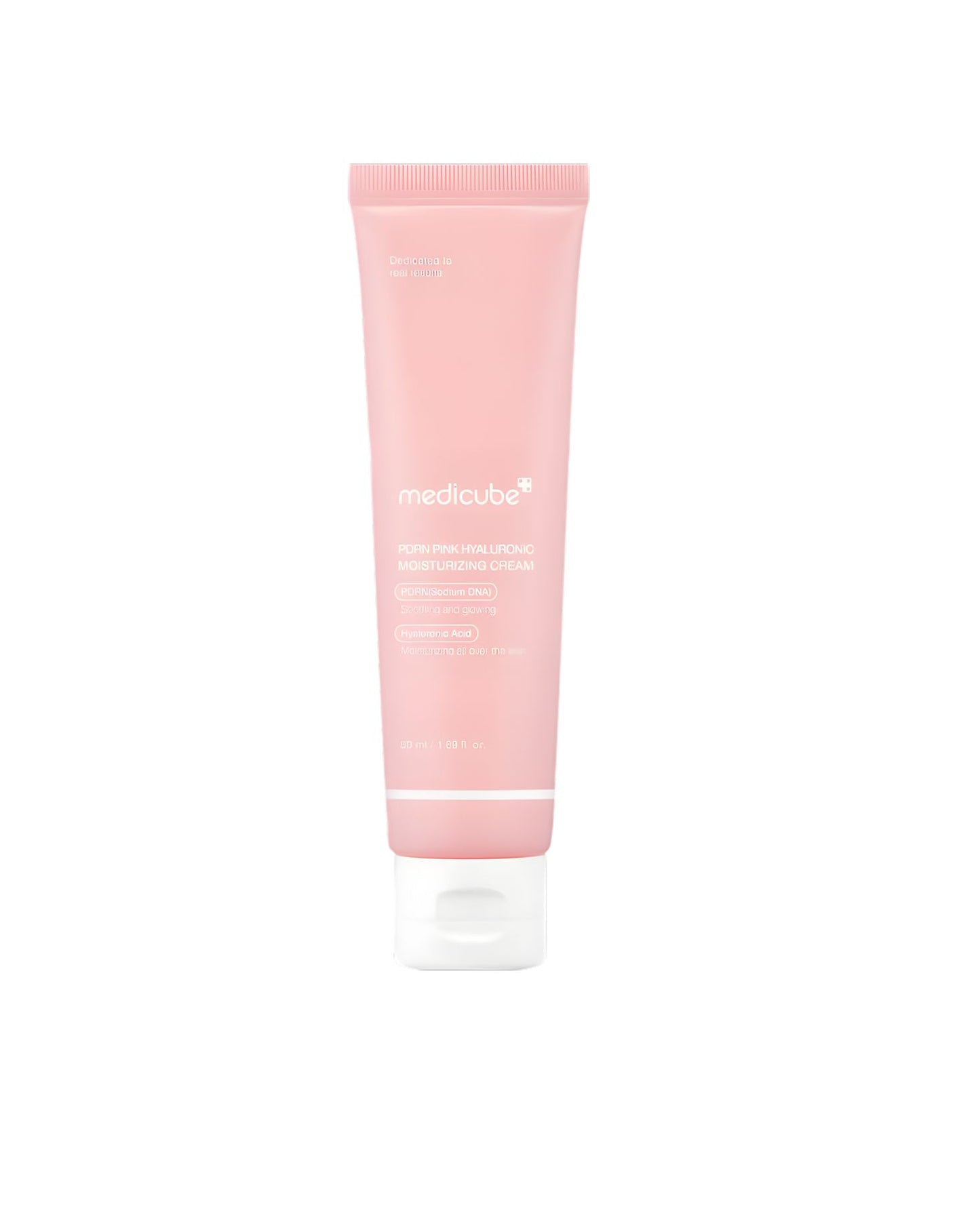 A tube of Medicube PDRN Pink Hyaluronic Moisturizing Cream. The tube is soft pink with white text and a white cap, containing 50 ml / 1.69 fl. oz. of product.