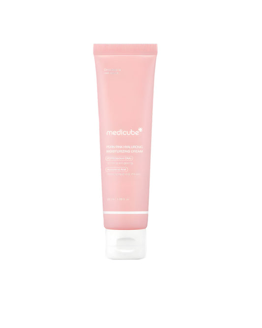 A tube of Medicube PDRN Pink Hyaluronic Moisturizing Cream. The tube is soft pink with white text and a white cap, containing 50 ml / 1.69 fl. oz. of product.