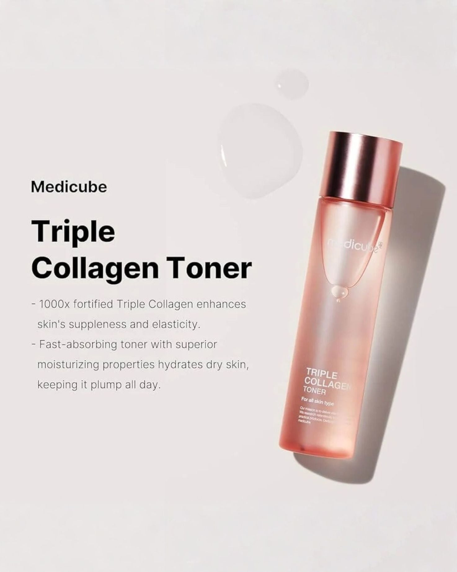 Stylized product shot of the Medicube Triple Collagen Toner bottle next to text detailing its benefits: contains 1000x fortified Triple Collagen to enhance skin's suppleness and elasticity, and is a fast-absorbing toner that hydrates dry skin, keeping it plump all day.
