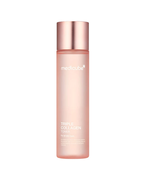 A sleek bottle of Medicube Triple Collagen Toner for all skin types. The bottle is a frosted pink with a rose-gold cap and simple white lettering.