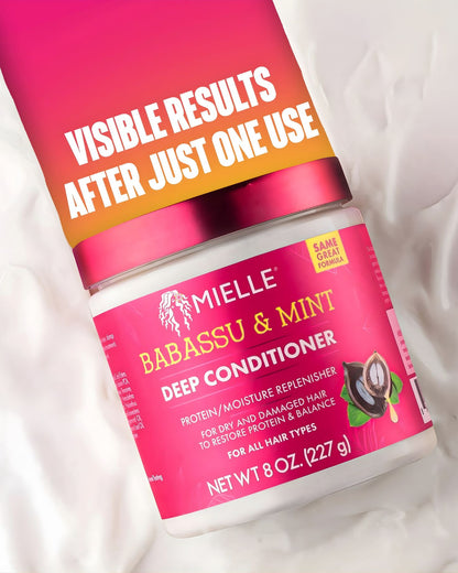 A close-up image of the Mielle Babassu & Mint Deep Conditioner jar surrounded by white, creamy product. A large diagonal band of text across the top reads: 'VISIBLE RESULTS AFTER JUST ONE USE.