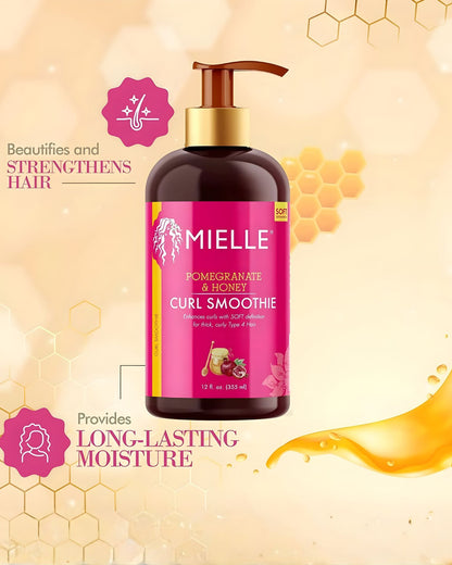 A bottle of Mielle Pomegranate & Honey Curl Smoothie set against a background of honeycombs and a splash of honey. Text points out two key features: "Beautifies and Strengthens Hair" and "Provides Long-Lasting Moisture.