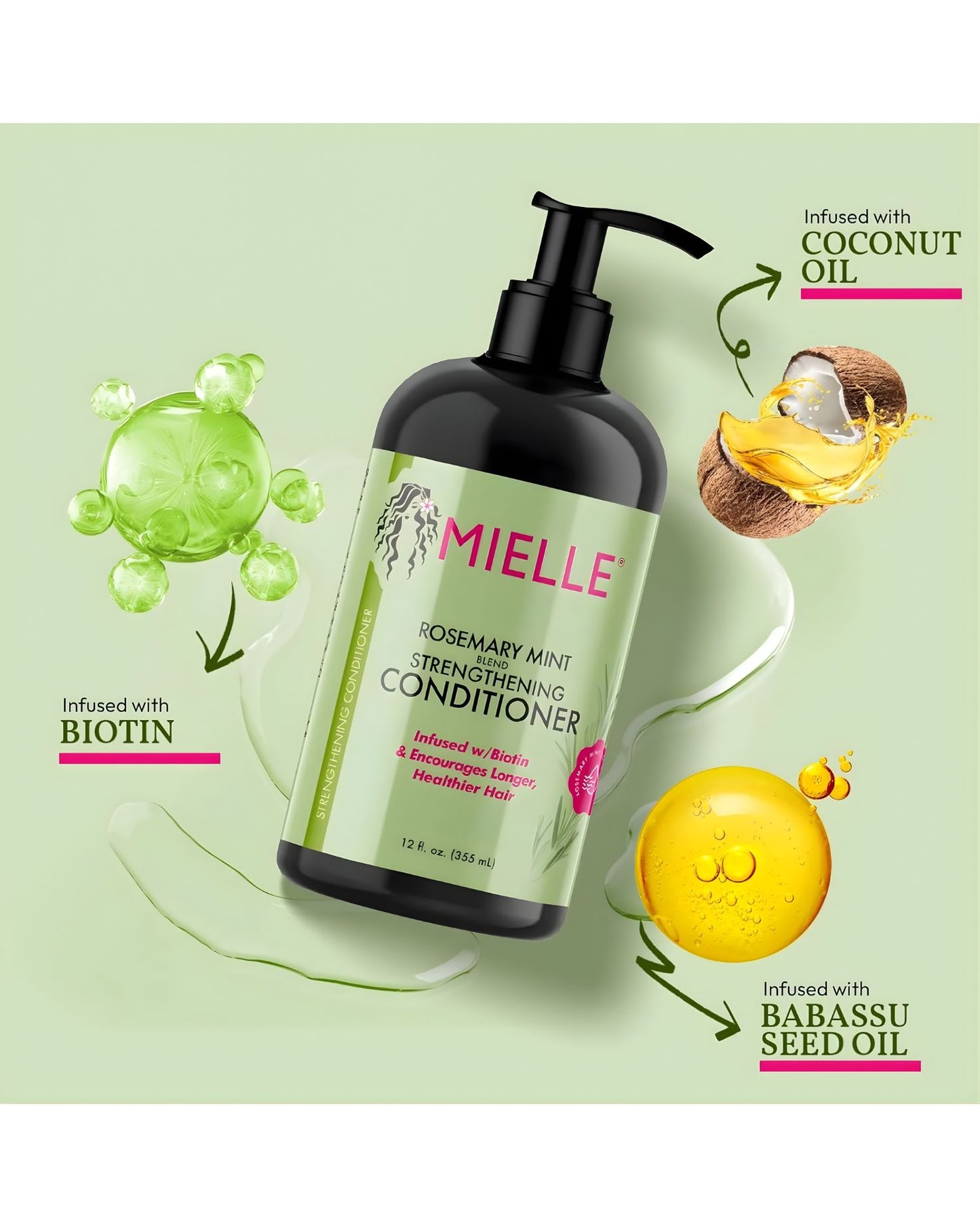 A diagram showcasing the Mielle Organics Rosemary Mint Strengthening Conditioner, highlighting its key ingredients: Biotin (shown as green molecular spheres), Coconut Oil (with a half-coconut graphic), and Babassu Seed Oil (shown as a large yellow oil drop). The product is formulated to encourage longer, healthier hair.
