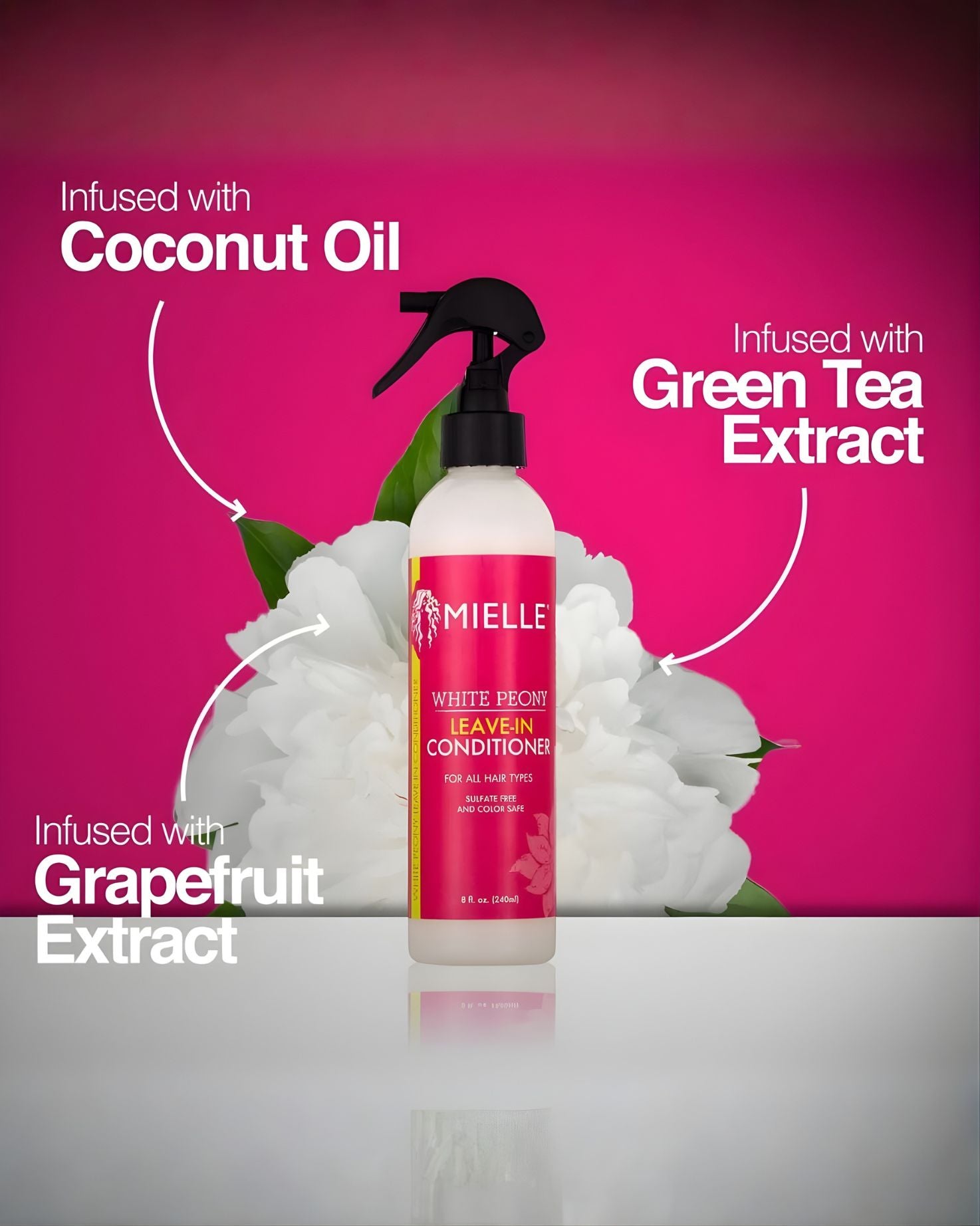 A white spray bottle of Mielle White Peony Leave-In Conditioner set against a vibrant pink background and a large white peony flower. Text and arrows point to the product, listing the ingredients it is infused with: Coconut Oil, Green Tea Extract, and Grapefruit Extract.