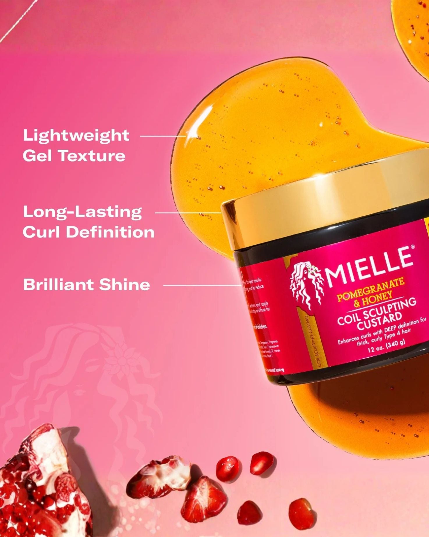 A close-up advertisement for the Mielle Pomegranate & Honey Coil Sculpting Custard. The pink background highlights product benefits like 'Lightweight Gel Texture,' 'Long-Lasting Curl Definition,' and 'Brilliant Shine,' with honey-colored gel splashes, sliced pomegranate, and red seeds surrounding the jar.