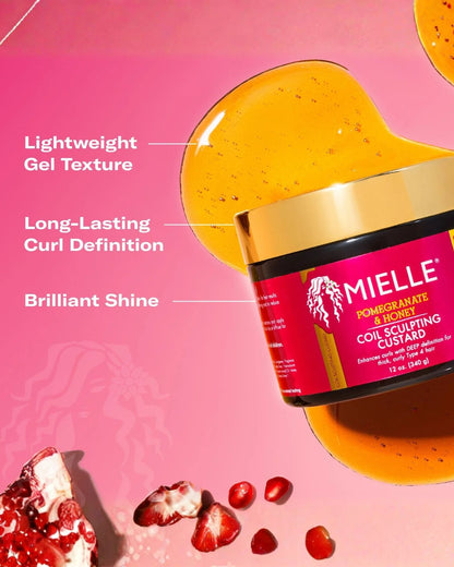 A close-up advertisement for the Mielle Pomegranate & Honey Coil Sculpting Custard. The pink background highlights product benefits like 'Lightweight Gel Texture,' 'Long-Lasting Curl Definition,' and 'Brilliant Shine,' with honey-colored gel splashes, sliced pomegranate, and red seeds surrounding the jar.
