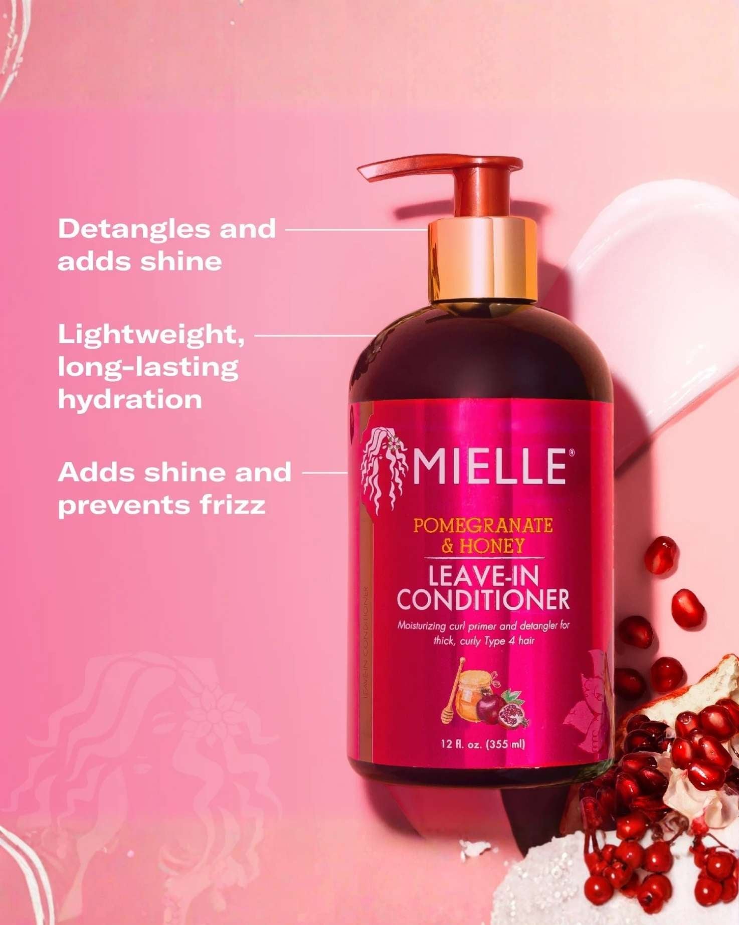 An advertisement for Mielle Pomegranate & Honey Leave-In Conditioner. The bottle with a gold pump sits on a pink background, with bullet points highlighting key benefits: 'Detangles and adds shine,' 'Lightweight, long-lasting hydration,' and 'Adds shine and prevents frizz.' Sliced pomegranate fruit is visible in the bottom right corner.