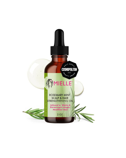 Mielle Organics Rosemary Mint Scalp & Hair Strengthening Oil in a small, brown dropper bottle. The label highlights it is infused with Biotin and is 2 oz. The image includes sprigs of rosemary and a "Cosmopolitan Holy Grail Beauty Award" seal.