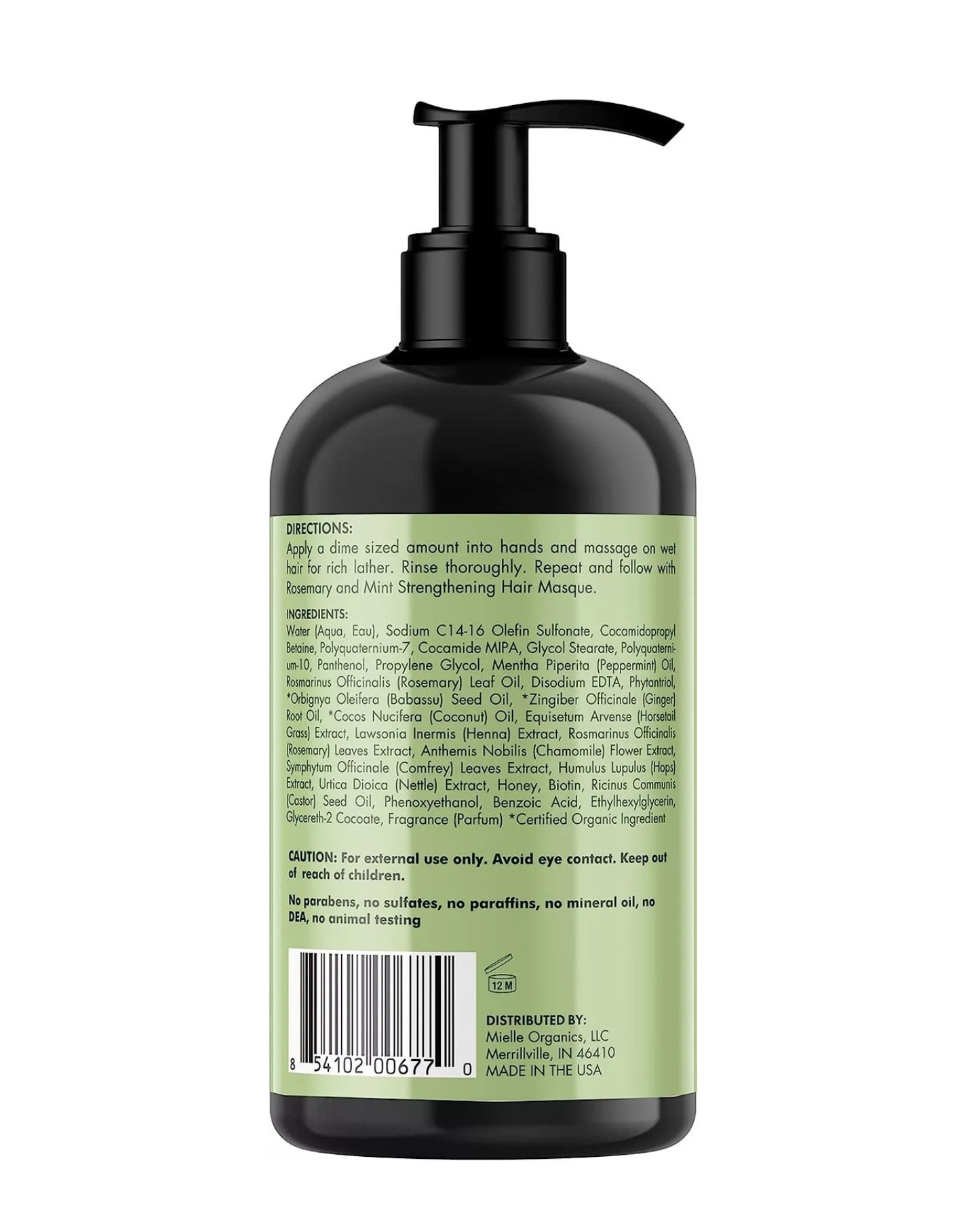 The back of the Mielle Rosemary Mint Strengthening Shampoo bottle, showing the directions, full ingredient list, caution statement, and distributor information. The bottle has a black pump and a light green label with black and green text.