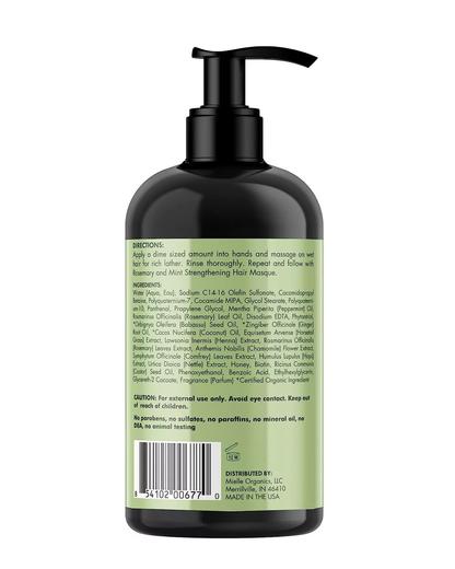 The back of the Mielle Rosemary Mint Strengthening Shampoo bottle, showing the directions, full ingredient list, caution statement, and distributor information. The bottle has a black pump and a light green label with black and green text.
