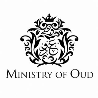 Ministry of Oud logo displaying a black royal crest with ornamental scrollwork and stylized Arabic script on a solid white background.