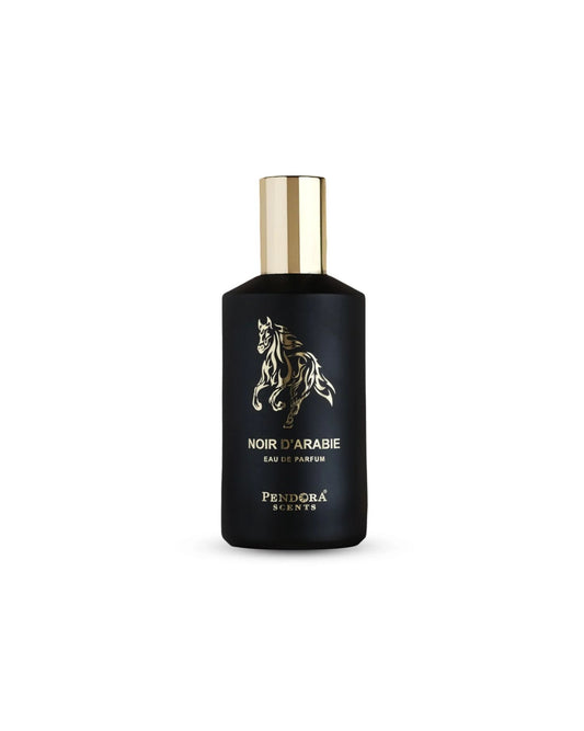 A black perfume bottle with a gold cap featuring a golden horse design and the label "Noir D'Arabie Eau de Parfum" by Pendora Scents.