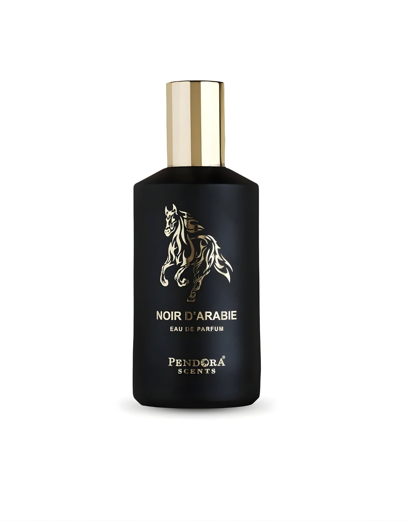 A black perfume bottle with a gold cap featuring a golden horse design and the label "Noir D'Arabie Eau de Parfum" by Pendora Scents.