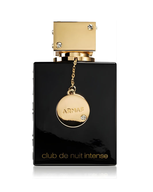A glossy, rectangular black Armaf Club de Nuit Intense perfume bottle, featuring a gold cap and chain-tag, both of which are accented with small clear jewels, isolated against a white background.