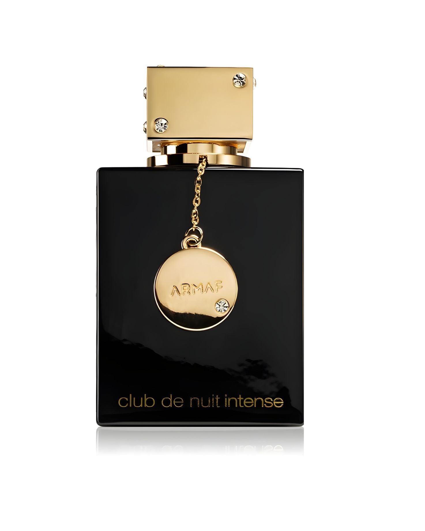 A glossy, rectangular black Armaf Club de Nuit Intense perfume bottle, featuring a gold cap and chain-tag, both of which are accented with small clear jewels, isolated against a white background.