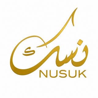 Official Nusuk brand logo featuring an elegant, abstract geometric linear emblem above modern sans-serif typography.