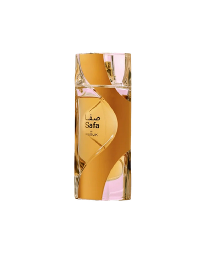 A perfume bottle for Safa by Nusuk Edp with a unique, clear glass design featuring a prominent gold, swirled decal or inner casing. The liquid is amber-colored, and the bottle is rectangular with faceted corners, isolated against a white background.