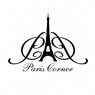 Paris Corner logo in black script text on a white background with a central Eiffel Tower graphic and decorative flourishes.