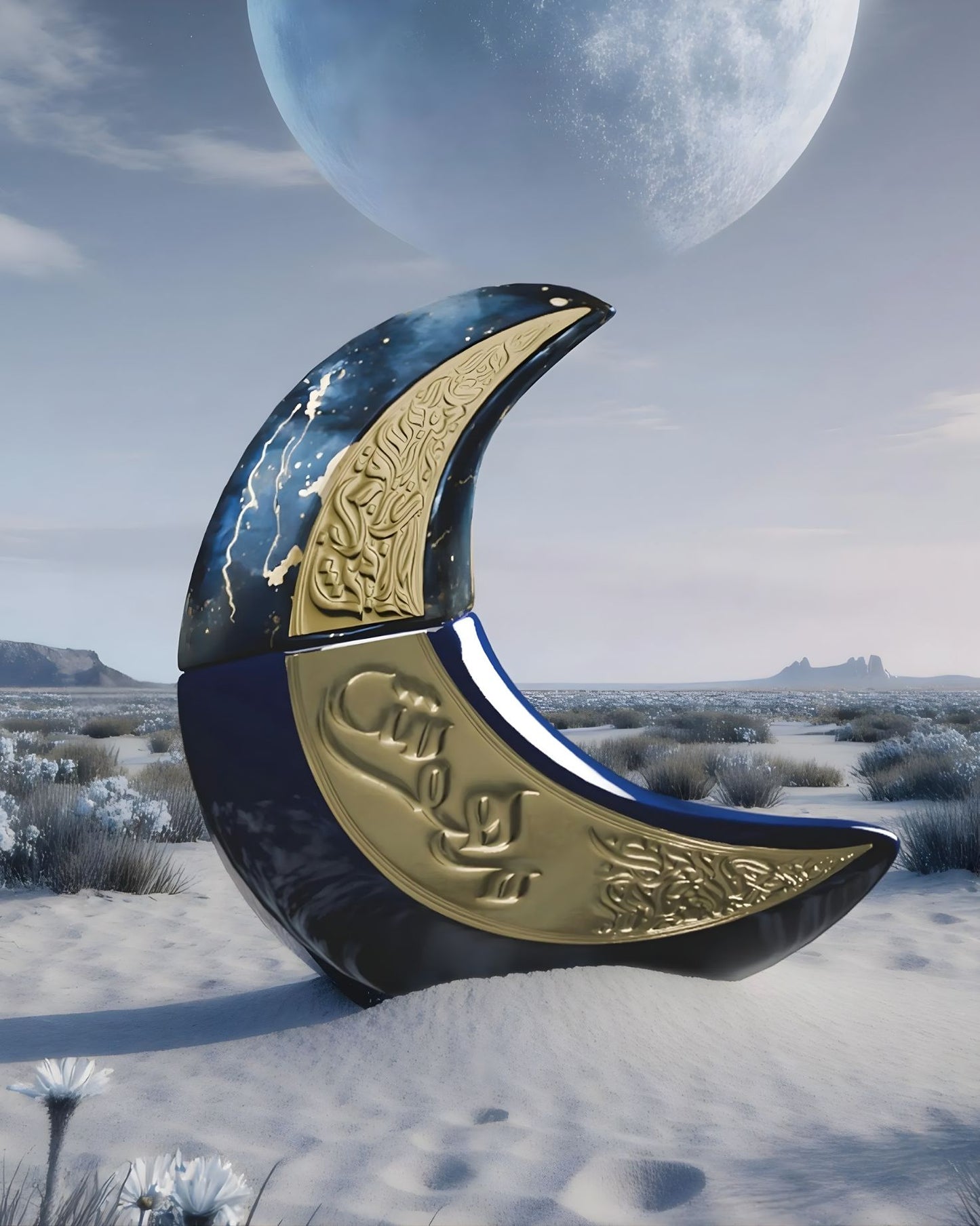A striking promotional image of the crescent moon-shaped paris corner mehwise edp perfume bottle, which is dark blue and gold, sitting in a sandy, desolate landscape with small white flowers and dry brush. A large, pale moon hangs low in the twilight sky above the scene.
