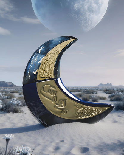 A striking promotional image of the crescent moon-shaped paris corner mehwise edp perfume bottle, which is dark blue and gold, sitting in a sandy, desolate landscape with small white flowers and dry brush. A large, pale moon hangs low in the twilight sky above the scene.