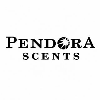 Pendora Scents logo in black serif font on a white background with a circular geometric burst emblem replacing the letter O.