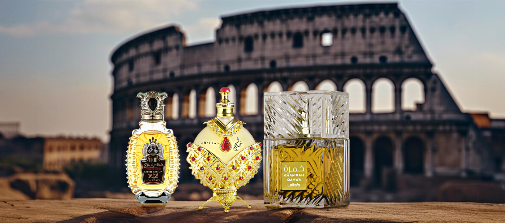 perfume-photography-of-hareem-al-sultan-and-lattafa-khamrah-qahwa-infront-of-colosseum-in-rome