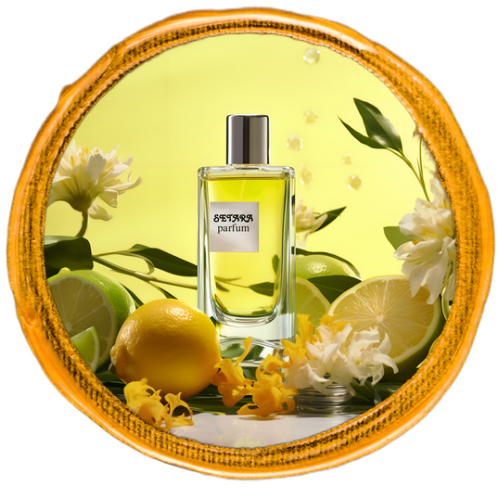 perfume bottle surrounded by lemons, citrus and white flowers.