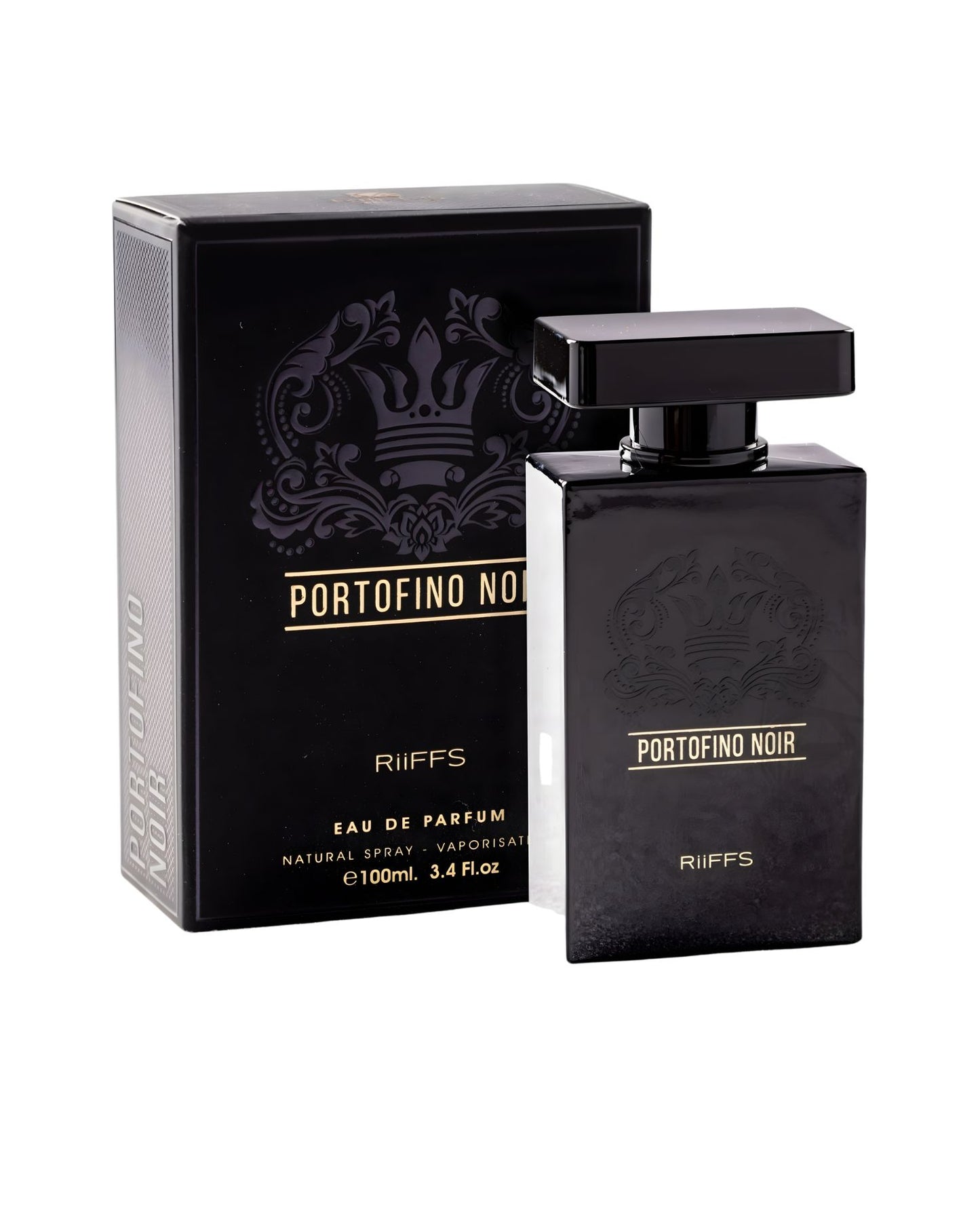 Black box and bottle of Riiffs Portofino Noir Edp. The fragrance is 100ml (3.4 Fl.oz). The packaging features a crown/ornate pattern and gold lettering.