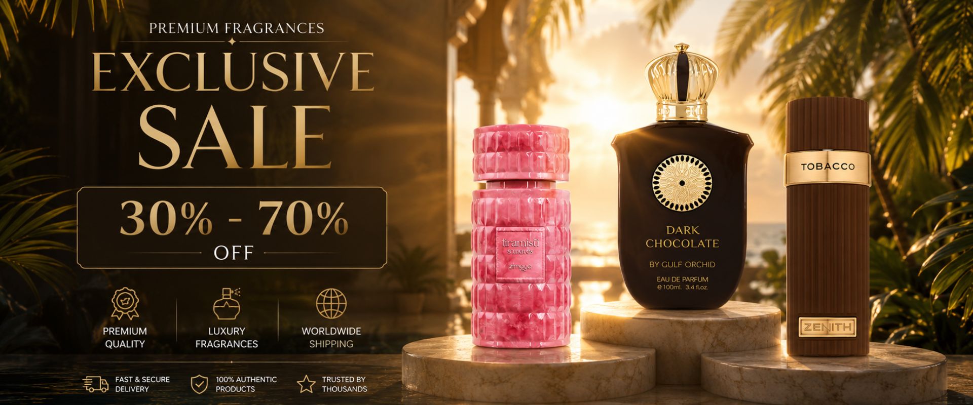 Promotional banner for an exclusive perfume sale offering 30% to 70% off, featuring Gulf Orchid Dark Chocolate Eau de Parfum, Zenith Tobacco, and a pink textured fragrance bottle on marble pedestals with a sunset beach background.