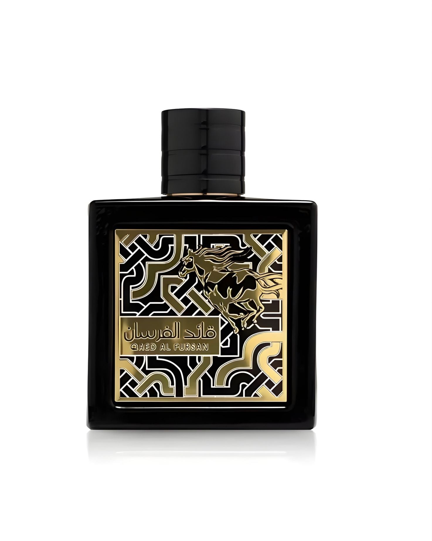 A black, square perfume bottle of Qaed Al Fursan, featuring a striking gold and black geometric pattern and an Arabic horse illustration on the front.