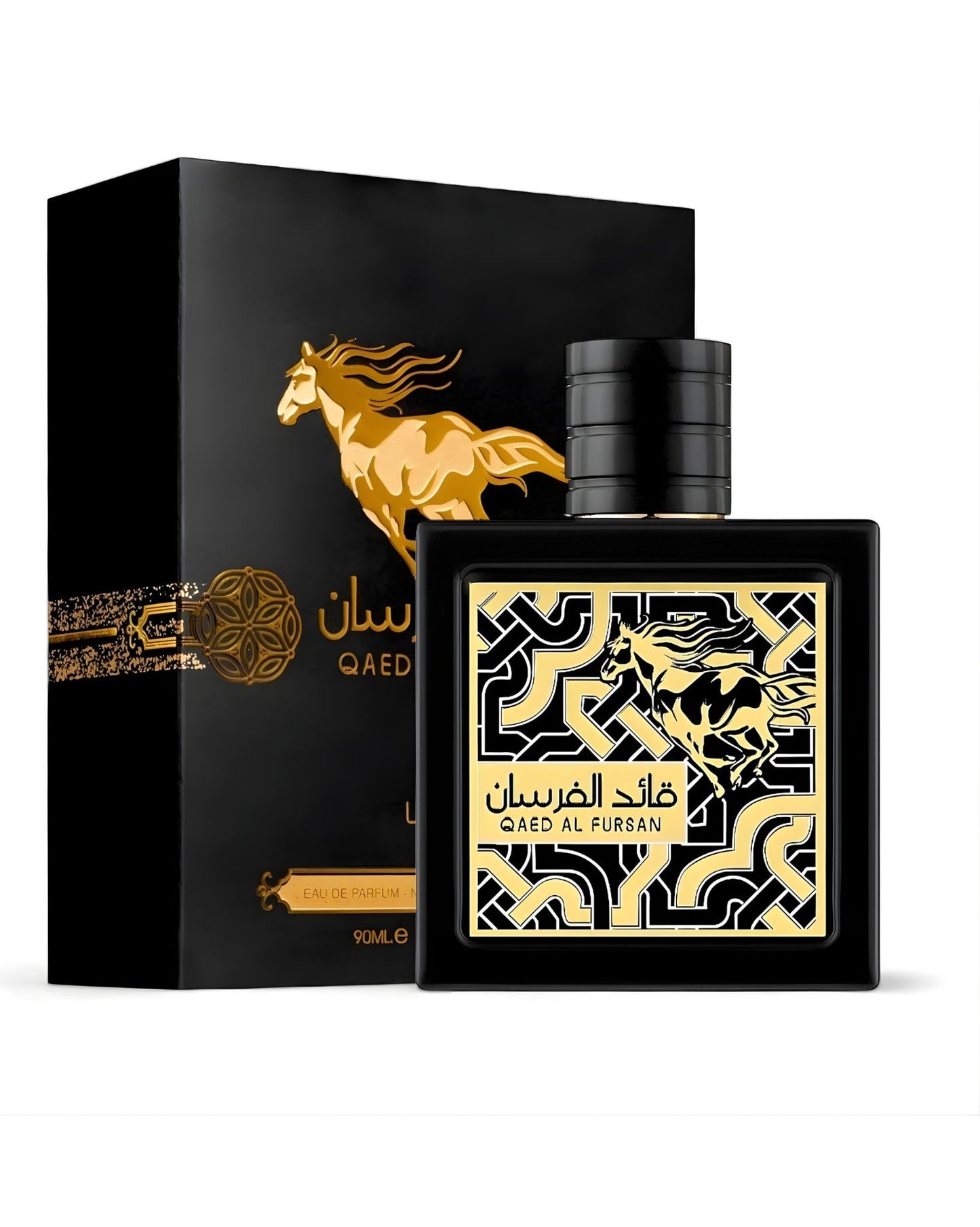 A black and gold box and matching perfume bottle for 'Qaed Al Fursan' scent, featuring a prominent graphic of a golden galloping horse and 90ml label.