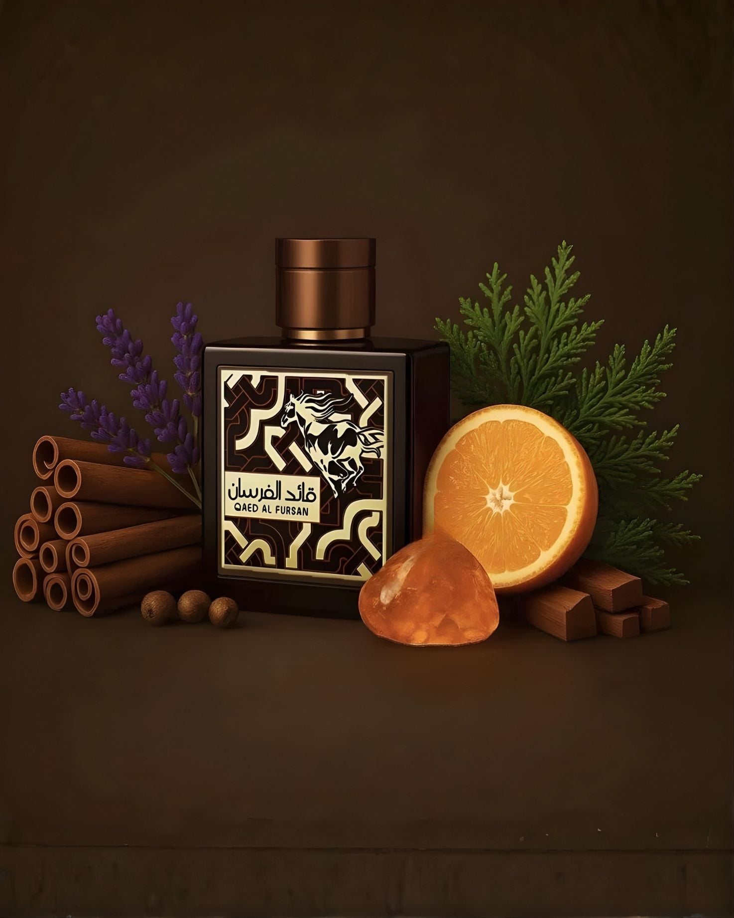 A black perfume bottle for 'Qaed Al Fursan' scent, surrounded by fragrance notes including cinnamon sticks, lavender sprigs, whole nutmeg, a half-slice of orange, a piece of amber/resin, and juniper/cedar sprigs, set against a dark brown background.