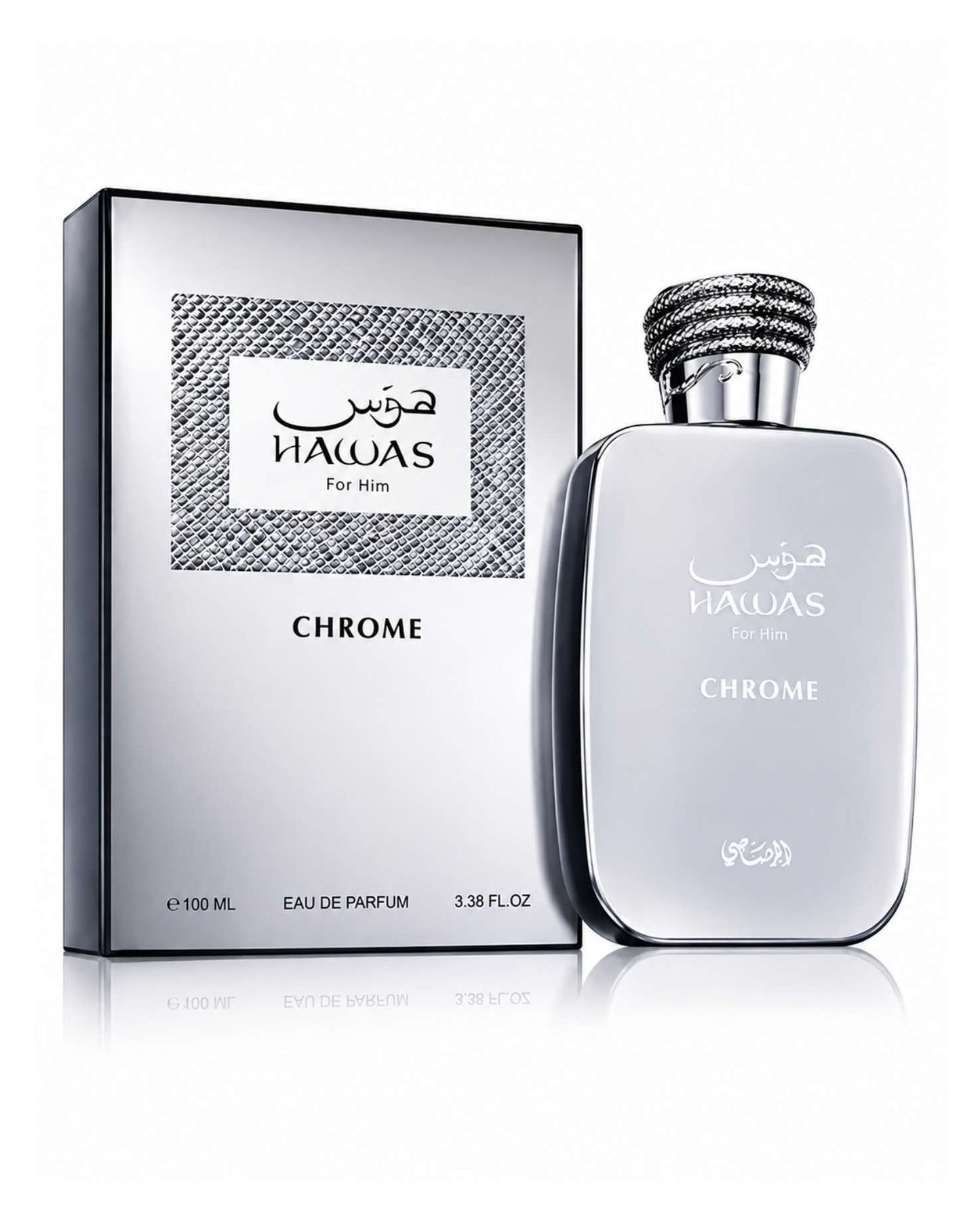 Rasasi Hawas For Him Chrome perfume bottle displayed next to its silver packaging box.