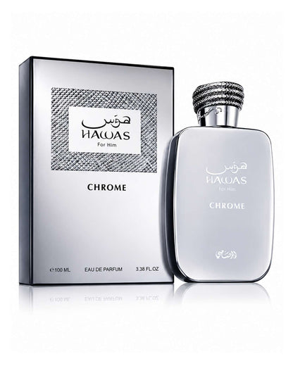 Rasasi Hawas For Him Chrome perfume bottle displayed next to its silver packaging box.