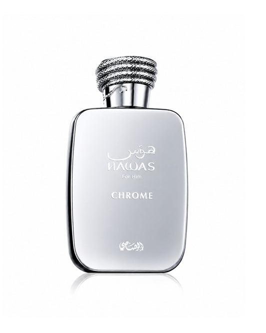 Front view of Rasasi Hawas For Him Chrome cologne bottle featuring a sleek silver metallic body, Arabic calligraphy logo, and textured cap.