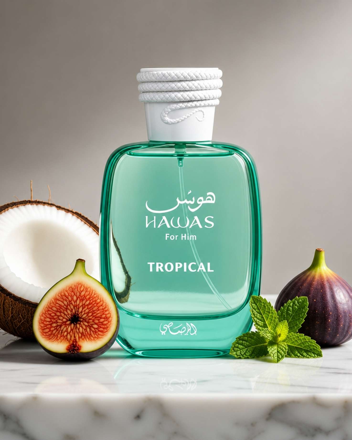 A teal bottle of Hawas Tropical cologne by Rasasi surrounded by fragrance notes of half a coconut, fresh figs, and green mint.
