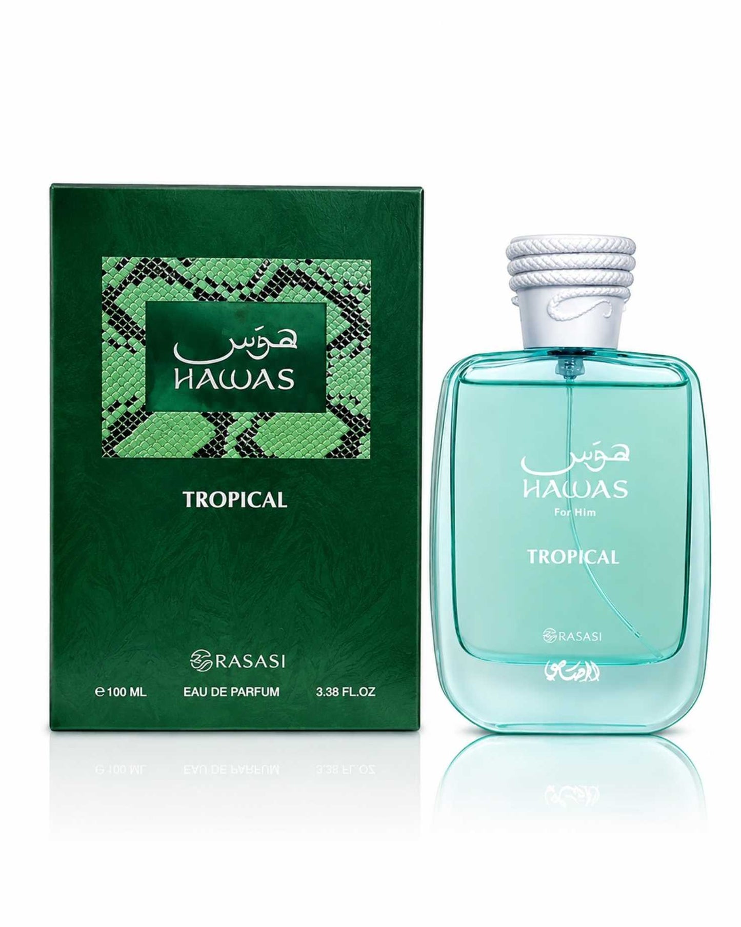 Rasasi Hawas For Him Tropical Eau de Parfum 100ml bottle standing next to its dark green textured packaging box.