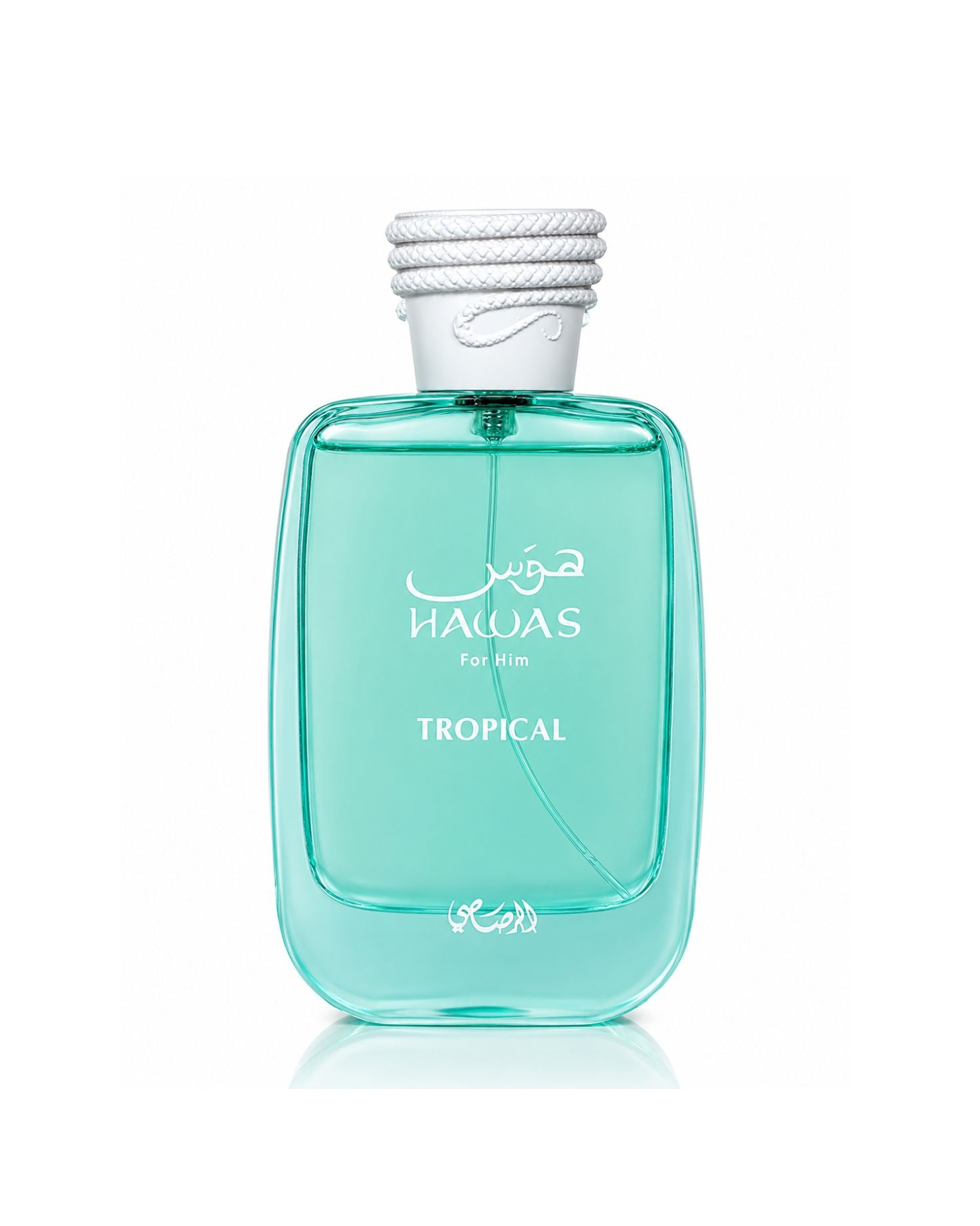 Rasasi Hawas For Him Tropical cologne bottle with light teal liquid and a white textured cap on a white background.