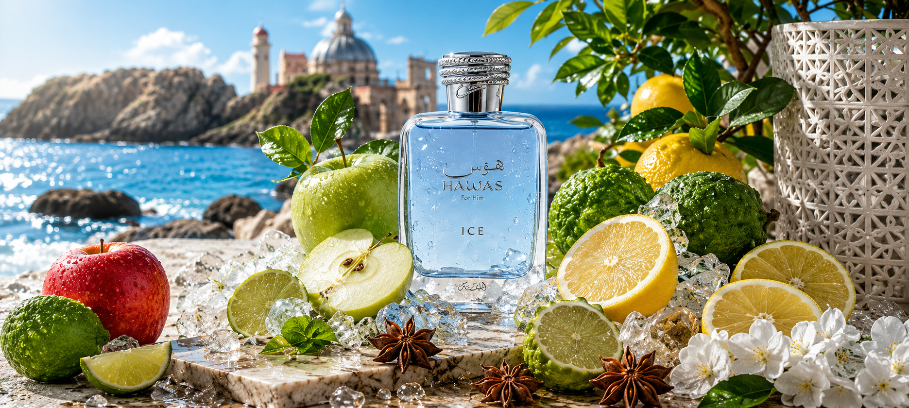 A light blue bottle of Rasasi Hawas Ice For Him perfume displayed on a sunny coastal ledge surrounded by ice cubes, green apples, lemons, limes, and star anise.