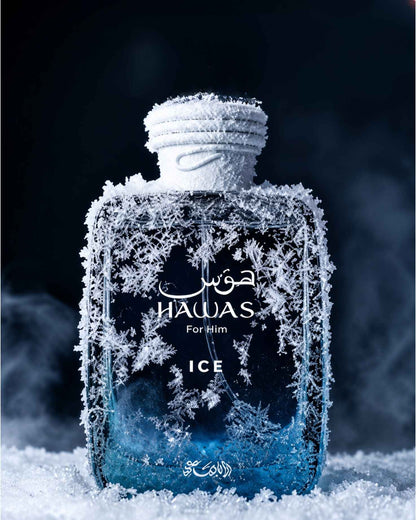 Rasasi Hawas Ice For Him perfume bottle covered in frost and intricate ice crystals, resting in snow with a dark, smoky background.