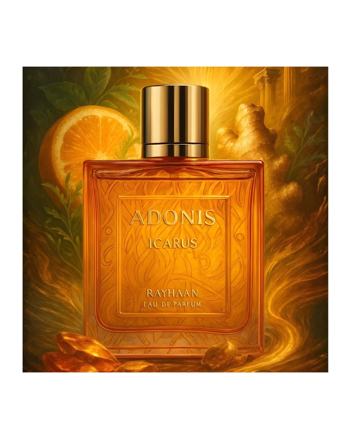 Vibrant, artfully staged photo of the Rayhaan Adonis Icarus Eau De Parfum bottle, featuring a backdrop with a large orange slice, fresh ginger root, and warm, golden amber light effects.